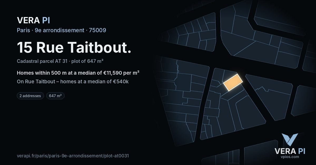 15 Rue Taitbout, 9e arrondissement at night – the plot lit, the parcels around coloured by the prices near them