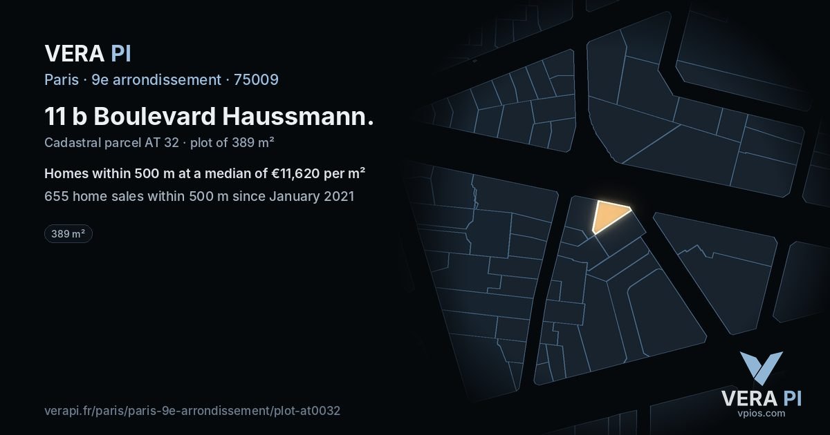 11 b Boulevard Haussmann, 9e arrondissement at night – the plot lit, the parcels around coloured by the prices near them