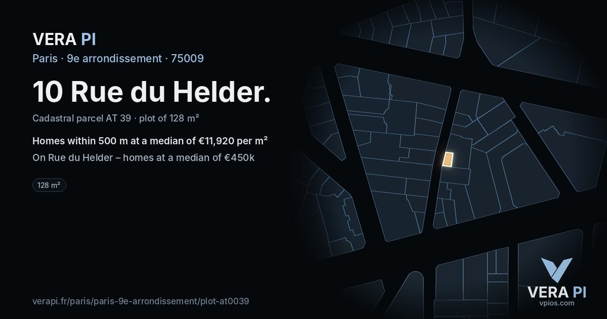 10 Rue du Helder, 9e arrondissement at night – the plot lit, the parcels around coloured by the prices near them