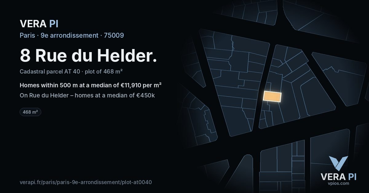 8 Rue du Helder, 9e arrondissement at night – the plot lit, the parcels around coloured by the prices near them