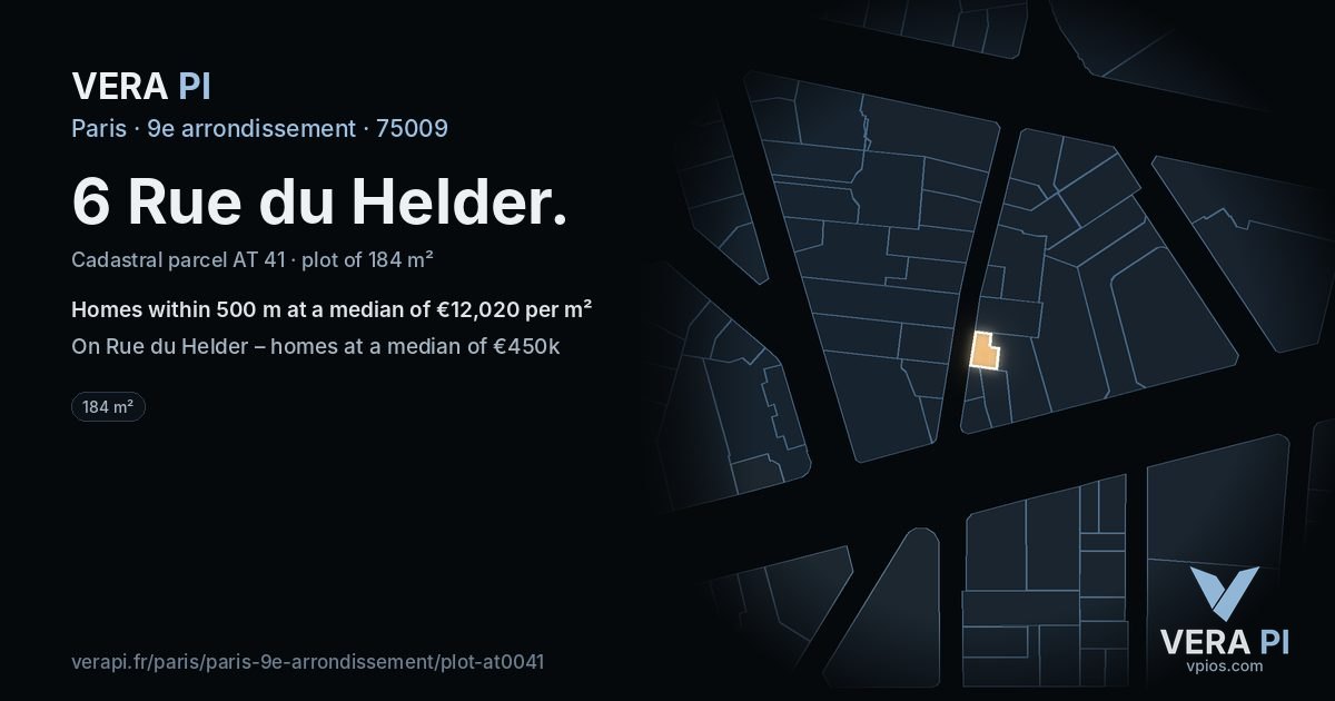 6 Rue du Helder, 9e arrondissement at night – the plot lit, the parcels around coloured by the prices near them