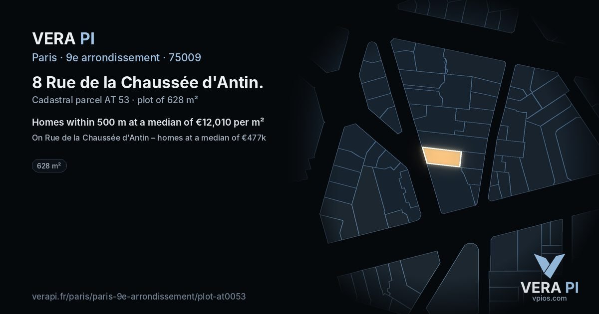 8 Rue de la Chaussée d'Antin, 9e arrondissement at night – the plot lit, the parcels around coloured by the prices near them