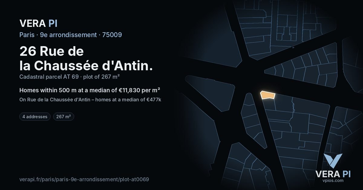 26 Rue de la Chaussée d'Antin, 9e arrondissement at night – the plot lit, the parcels around coloured by the prices near them