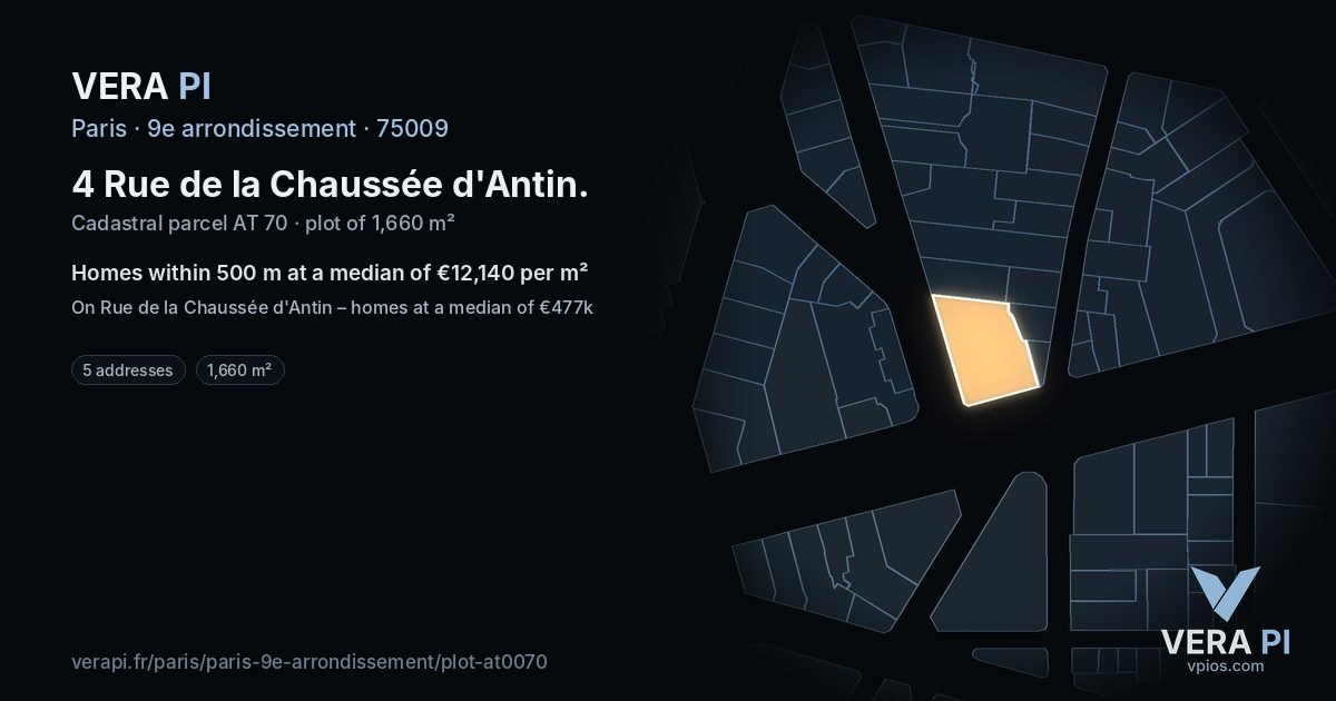 4 Rue de la Chaussée d'Antin, 9e arrondissement at night – the plot lit, the parcels around coloured by the prices near them
