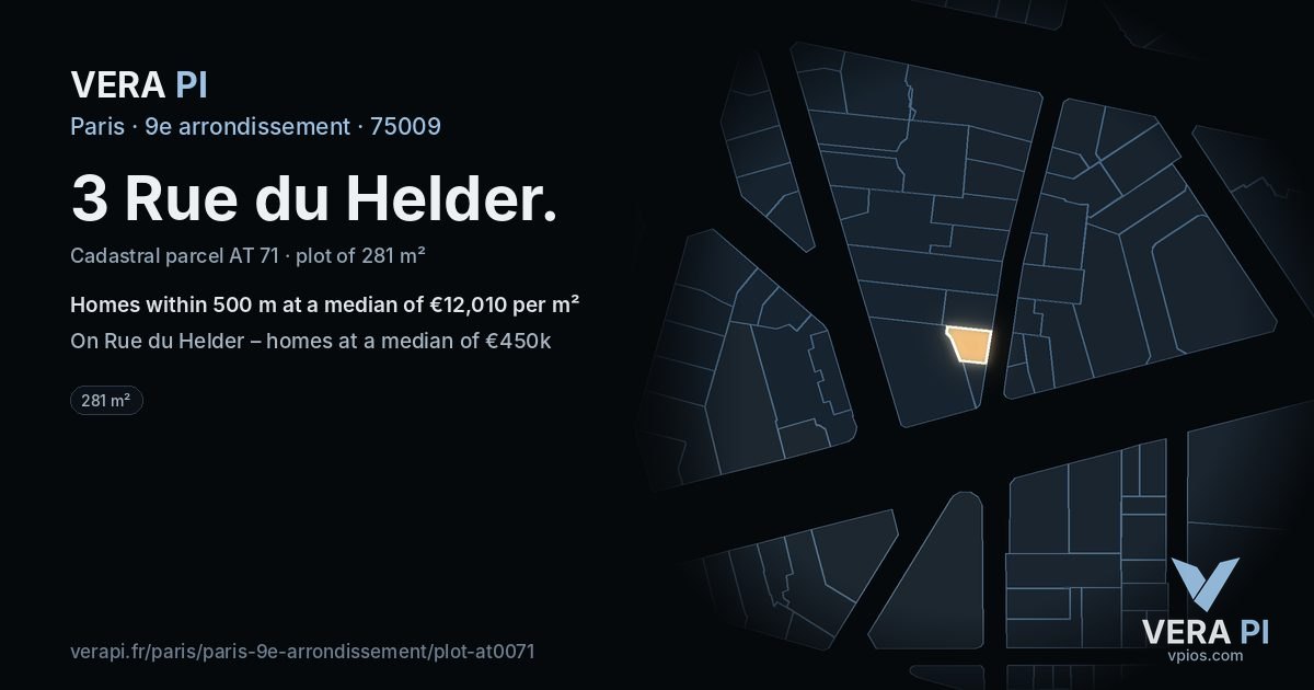 3 Rue du Helder, 9e arrondissement at night – the plot lit, the parcels around coloured by the prices near them