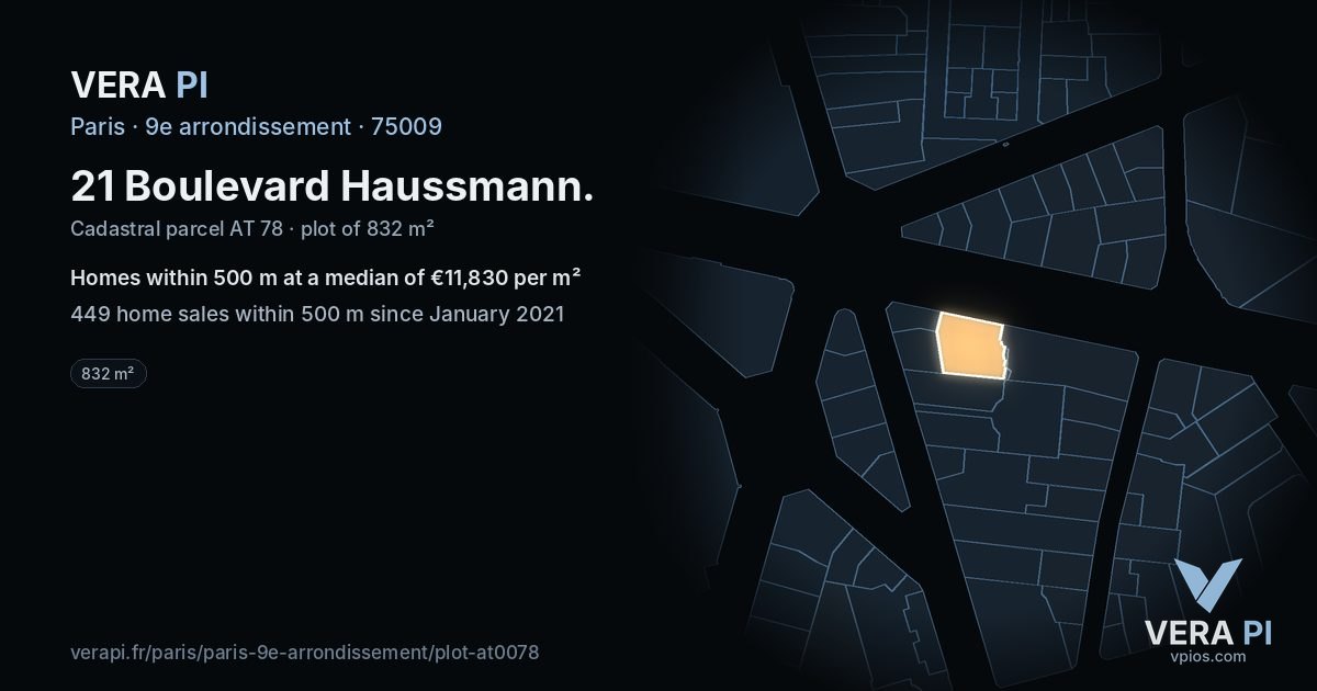 21 Boulevard Haussmann, 9e arrondissement at night – the plot lit, the parcels around coloured by the prices near them