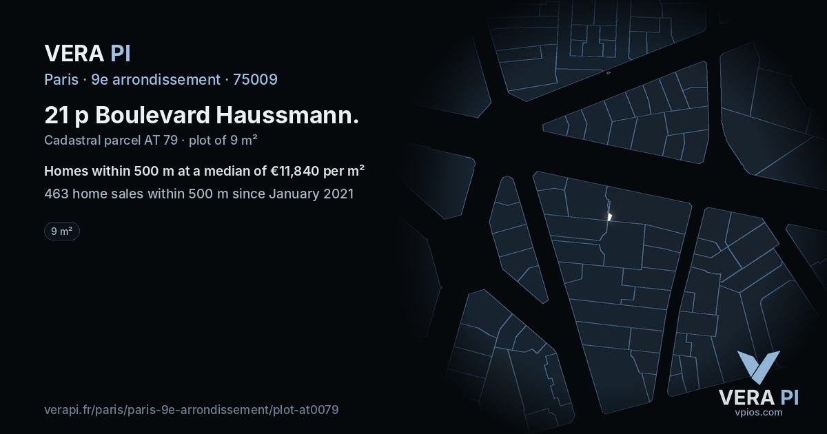 21 p Boulevard Haussmann, 9e arrondissement at night – the plot lit, the parcels around coloured by the prices near them