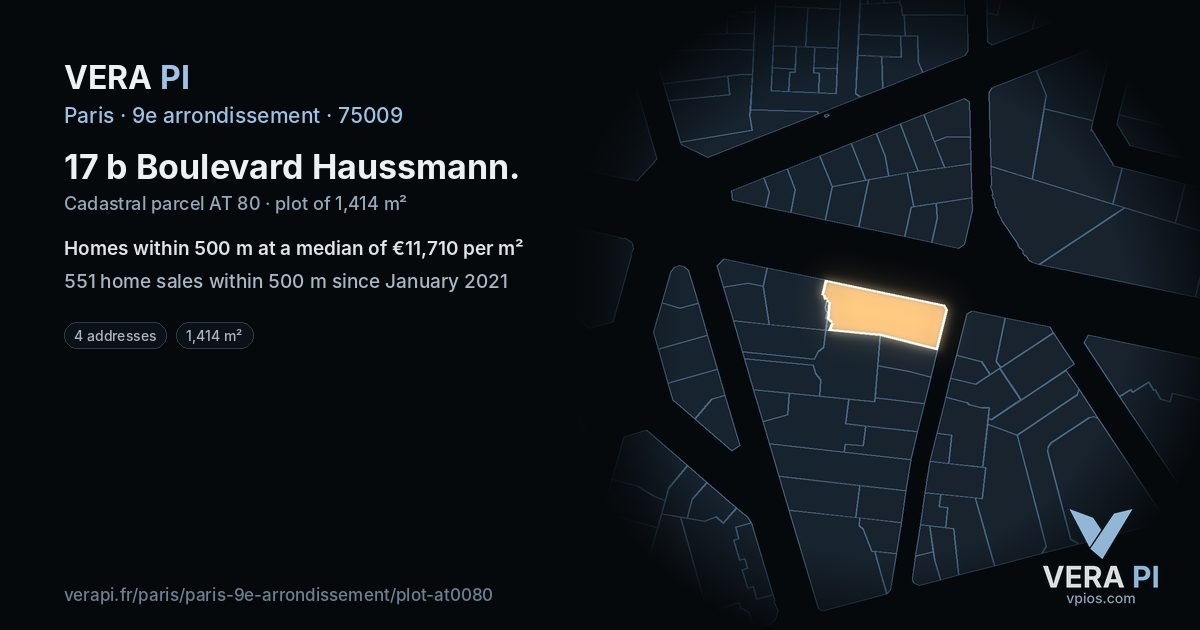 17 b Boulevard Haussmann, 9e arrondissement at night – the plot lit, the parcels around coloured by the prices near them