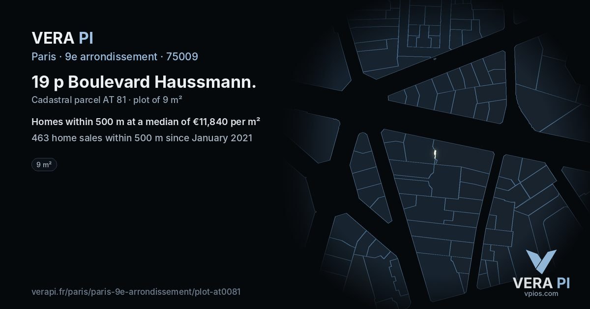 19 p Boulevard Haussmann, 9e arrondissement at night – the plot lit, the parcels around coloured by the prices near them
