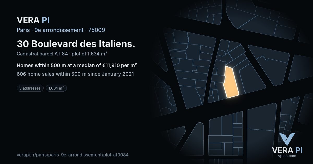 30 Boulevard des Italiens, 9e arrondissement at night – the plot lit, the parcels around coloured by the prices near them