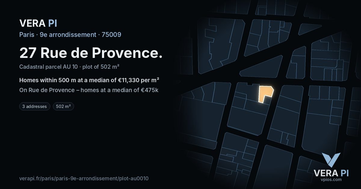 27 Rue de Provence, 9e arrondissement at night – the plot lit, the parcels around coloured by the prices near them