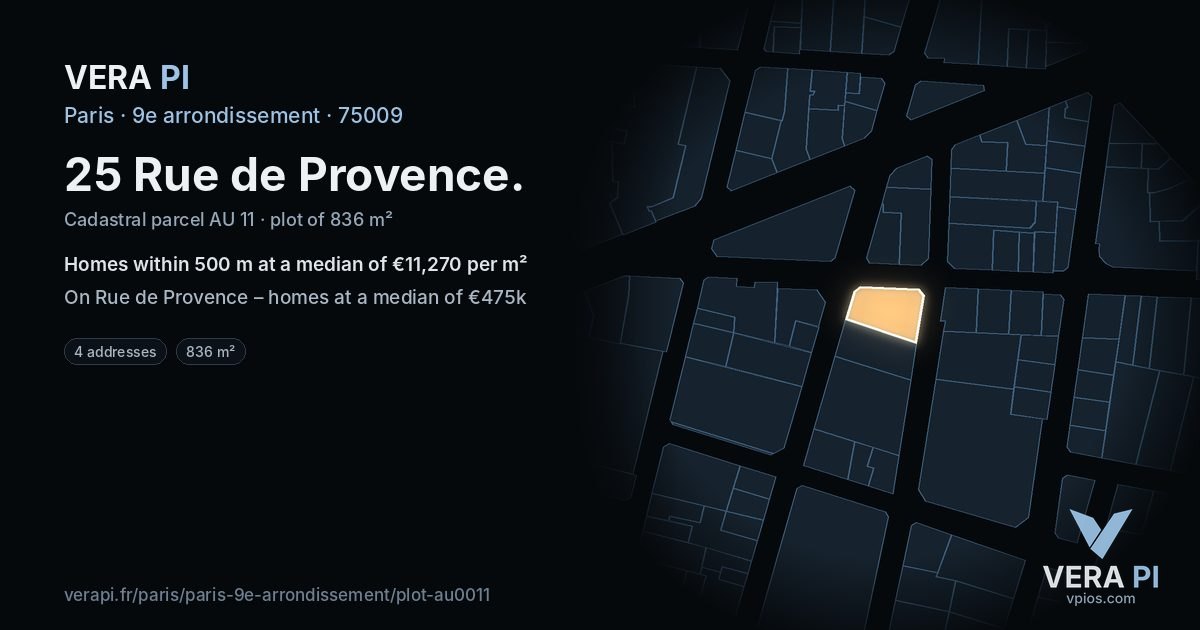 25 Rue de Provence, 9e arrondissement at night – the plot lit, the parcels around coloured by the prices near them