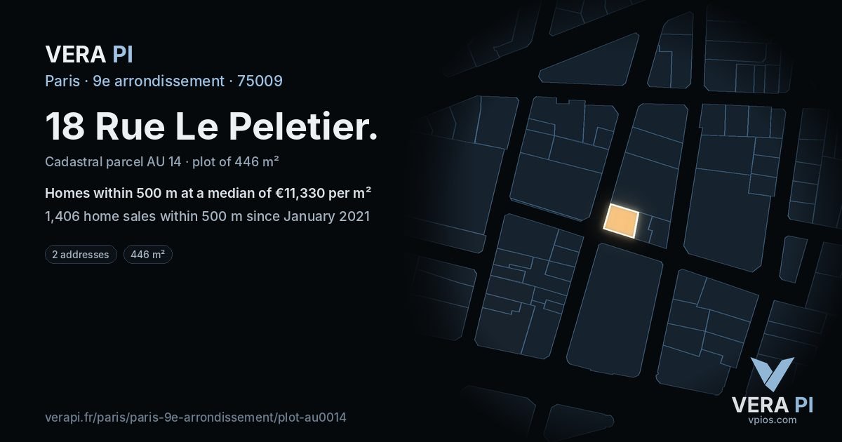 18 Rue Le Peletier, 9e arrondissement at night – the plot lit, the parcels around coloured by the prices near them