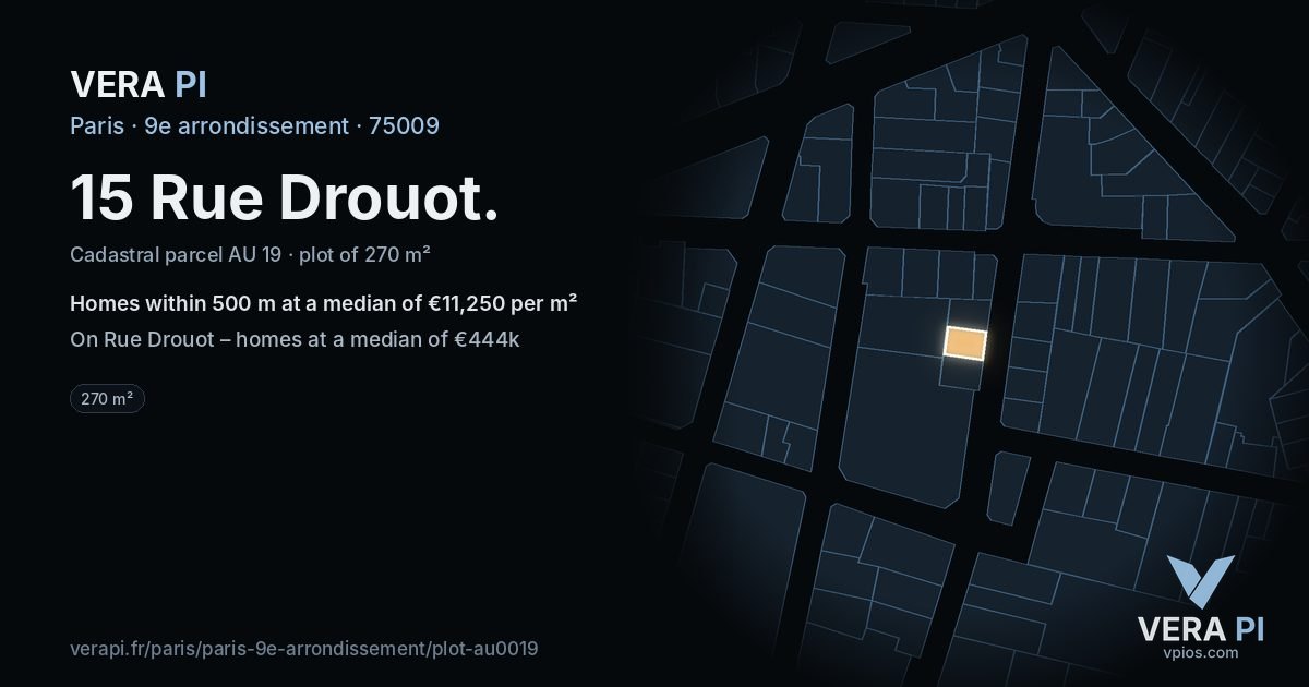 15 Rue Drouot, 9e arrondissement at night – the plot lit, the parcels around coloured by the prices near them