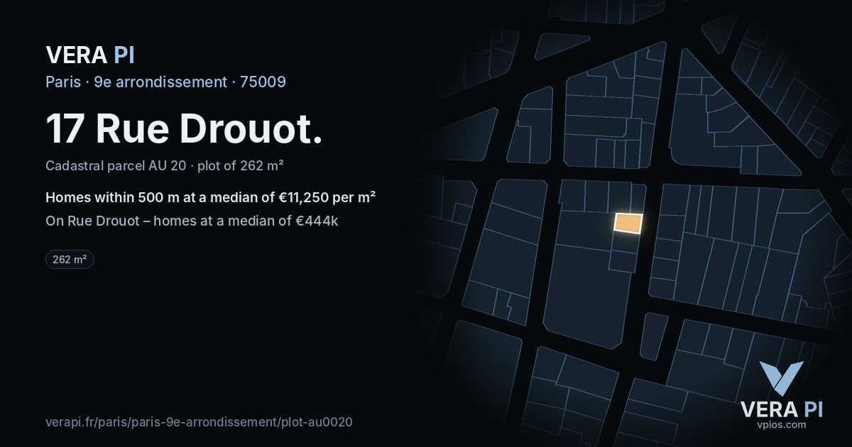 17 Rue Drouot, 9e arrondissement at night – the plot lit, the parcels around coloured by the prices near them