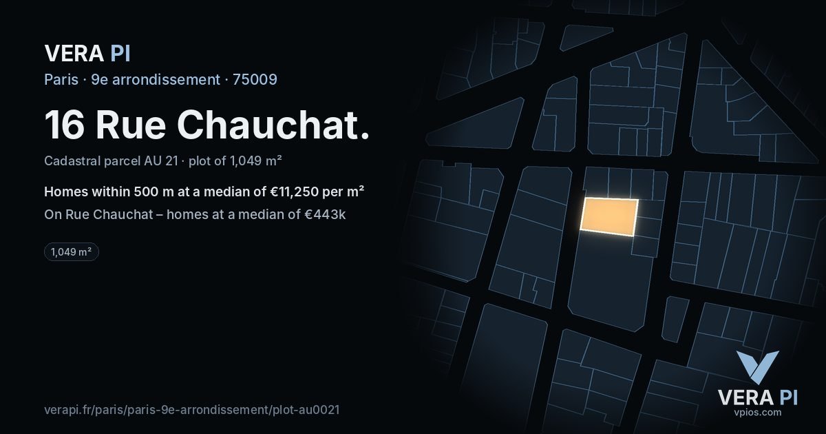 16 Rue Chauchat, 9e arrondissement at night – the plot lit, the parcels around coloured by the prices near them