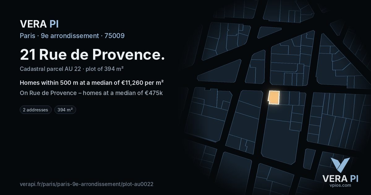 21 Rue de Provence, 9e arrondissement at night – the plot lit, the parcels around coloured by the prices near them