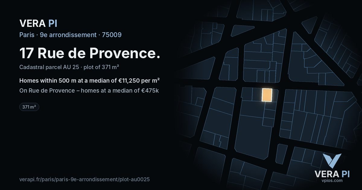 17 Rue de Provence, 9e arrondissement at night – the plot lit, the parcels around coloured by the prices near them