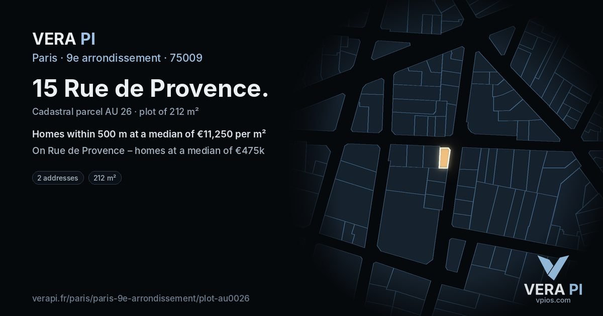 15 Rue de Provence, 9e arrondissement at night – the plot lit, the parcels around coloured by the prices near them