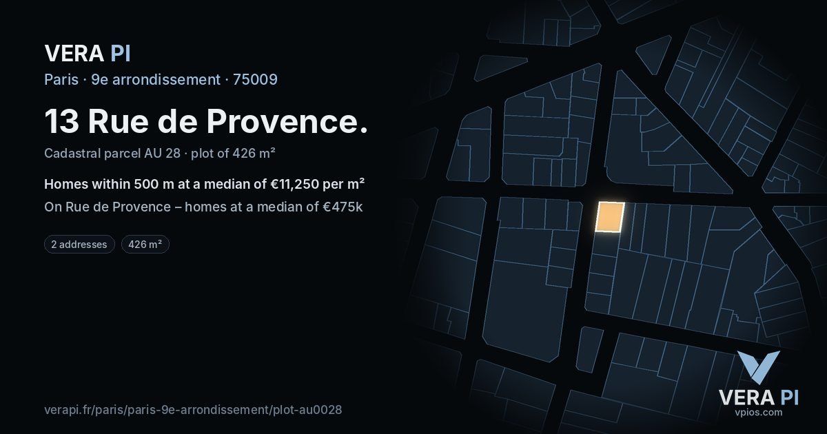 13 Rue de Provence, 9e arrondissement at night – the plot lit, the parcels around coloured by the prices near them
