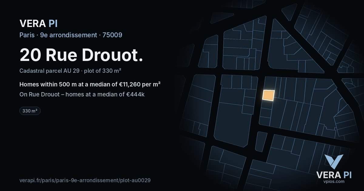 20 Rue Drouot, 9e arrondissement at night – the plot lit, the parcels around coloured by the prices near them