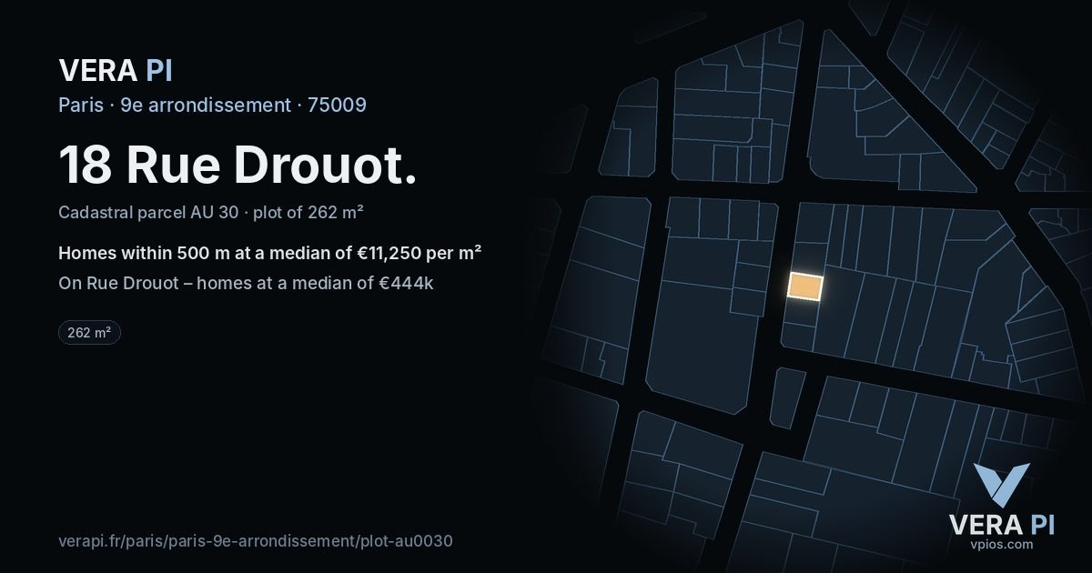 18 Rue Drouot, 9e arrondissement at night – the plot lit, the parcels around coloured by the prices near them