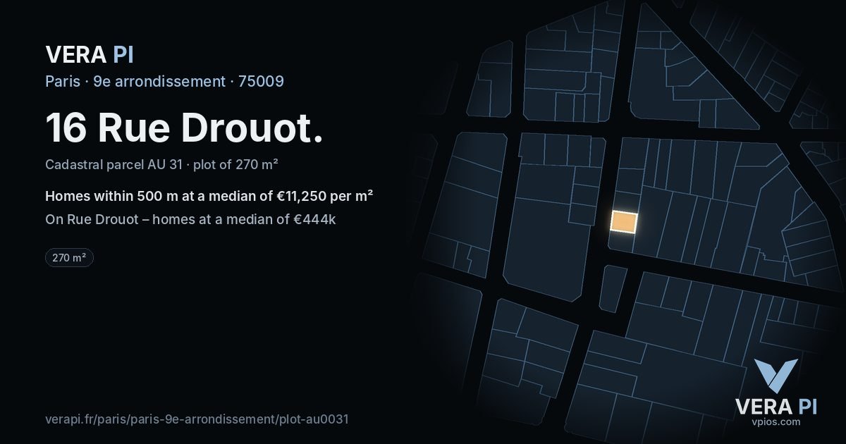 16 Rue Drouot, 9e arrondissement at night – the plot lit, the parcels around coloured by the prices near them