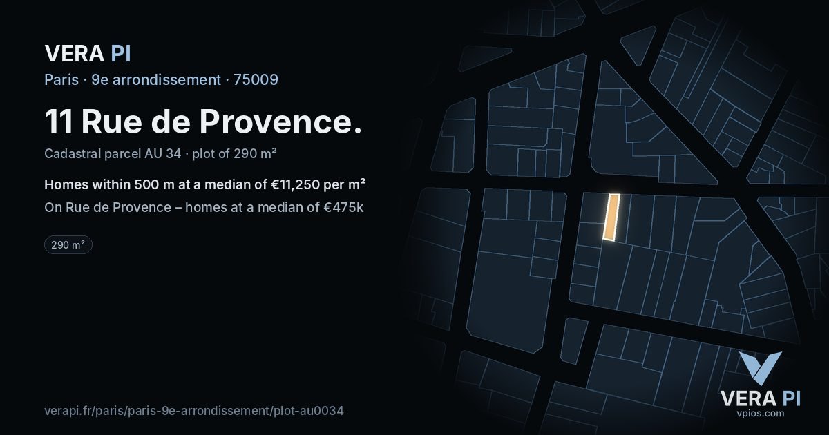 11 Rue de Provence, 9e arrondissement at night – the plot lit, the parcels around coloured by the prices near them