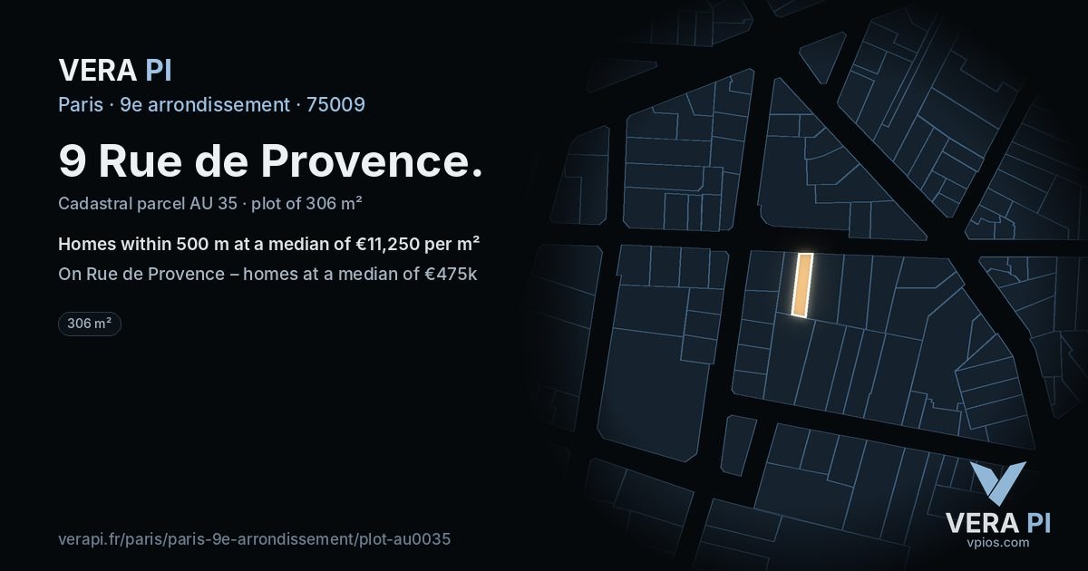 9 Rue de Provence, 9e arrondissement at night – the plot lit, the parcels around coloured by the prices near them
