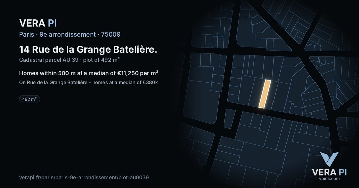 14 Rue de la Grange Batelière, 9e arrondissement at night – the plot lit, the parcels around coloured by the prices near them