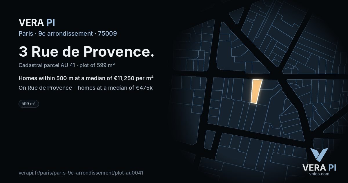 3 Rue de Provence, 9e arrondissement at night – the plot lit, the parcels around coloured by the prices near them