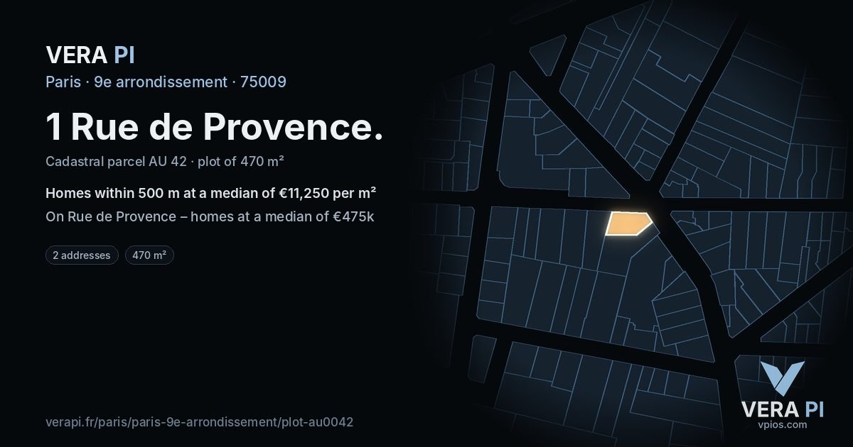 1 Rue de Provence, 9e arrondissement at night – the plot lit, the parcels around coloured by the prices near them