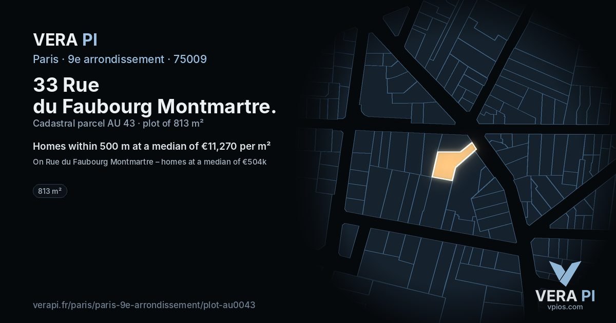 33 Rue du Faubourg Montmartre, 9e arrondissement at night – the plot lit, the parcels around coloured by the prices near them