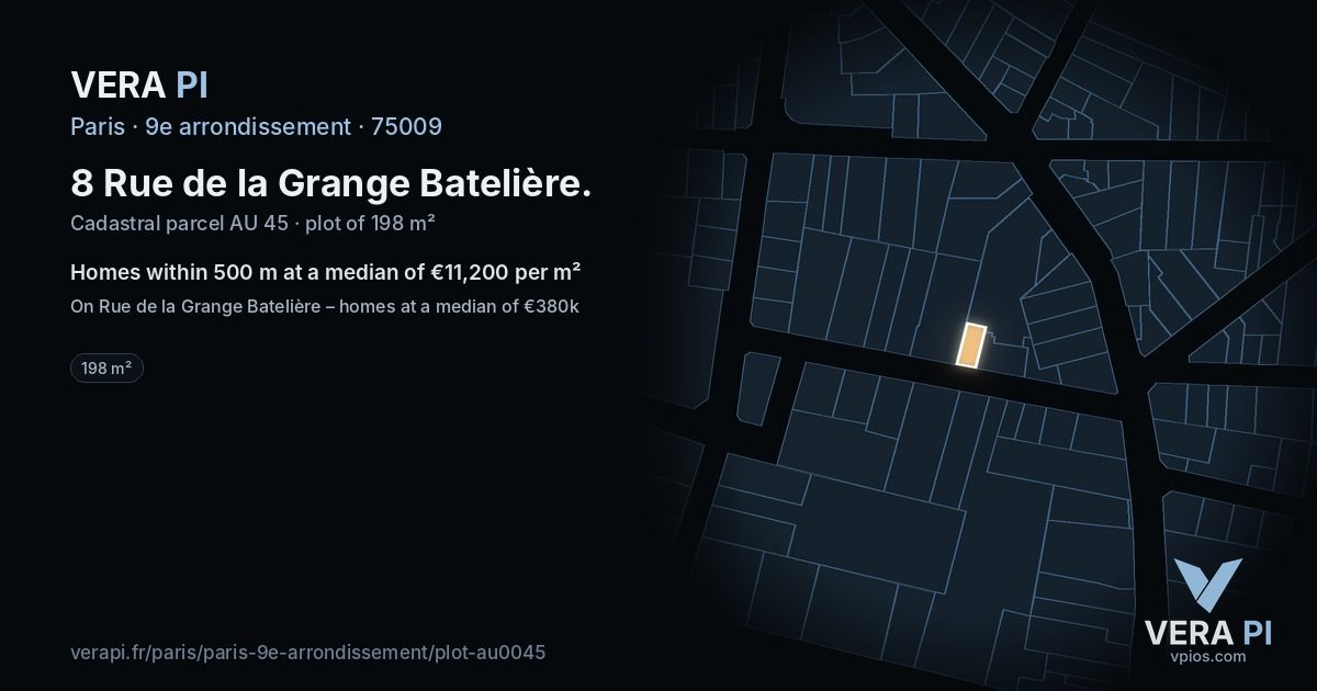 8 Rue de la Grange Batelière, 9e arrondissement at night – the plot lit, the parcels around coloured by the prices near them