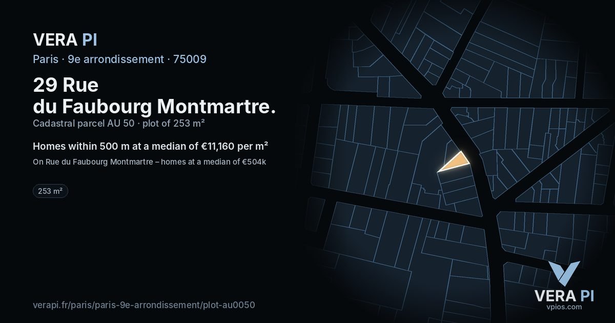 29 Rue du Faubourg Montmartre, 9e arrondissement at night – the plot lit, the parcels around coloured by the prices near them