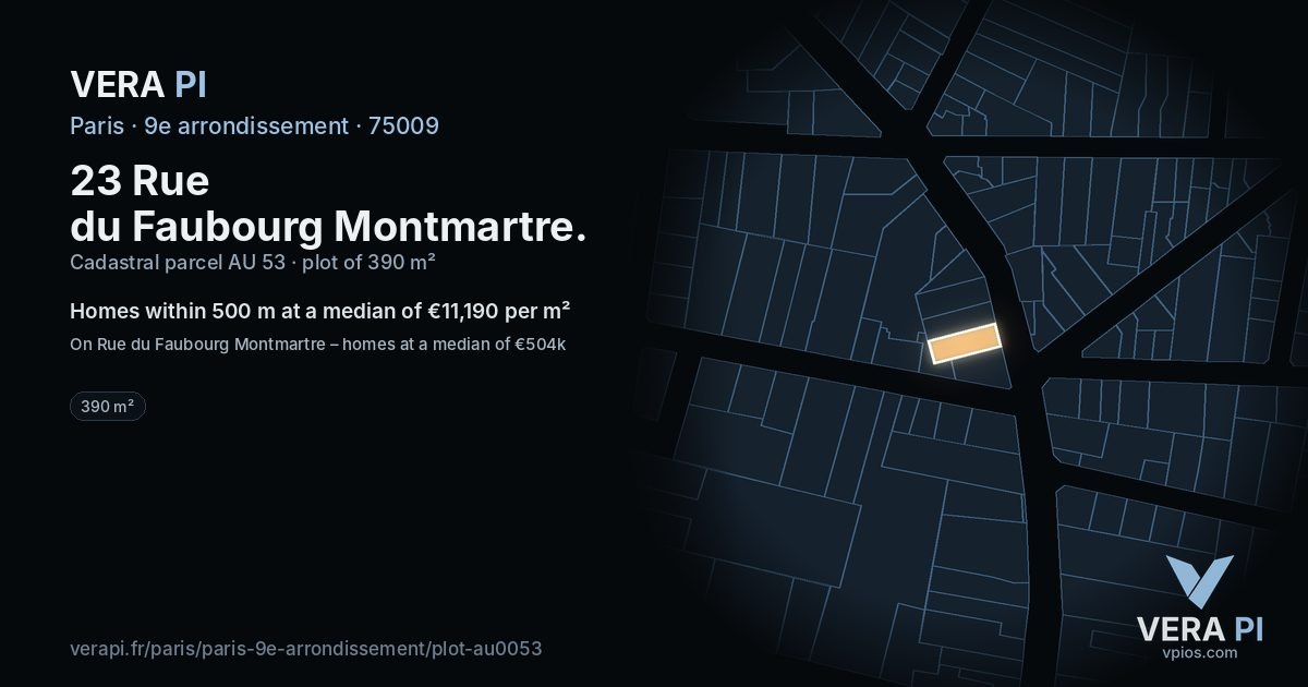 23 Rue du Faubourg Montmartre, 9e arrondissement at night – the plot lit, the parcels around coloured by the prices near them