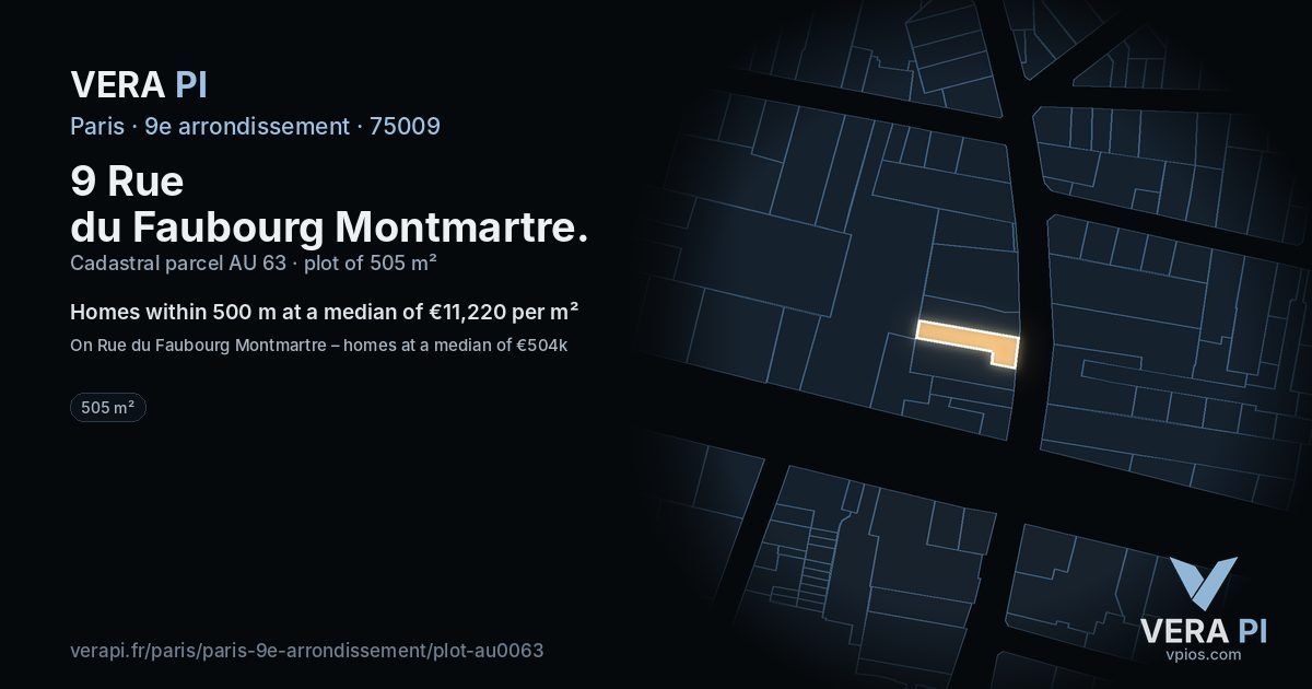 9 Rue du Faubourg Montmartre, 9e arrondissement at night – the plot lit, the parcels around coloured by the prices near them