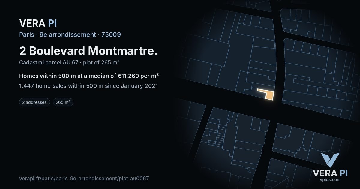 2 Boulevard Montmartre, 9e arrondissement at night – the plot lit, the parcels around coloured by the prices near them