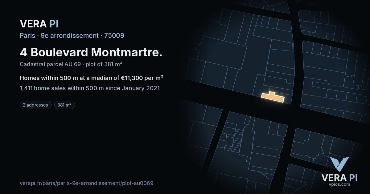 4 Boulevard Montmartre, 9e arrondissement at night – the plot lit, the parcels around coloured by the prices near them