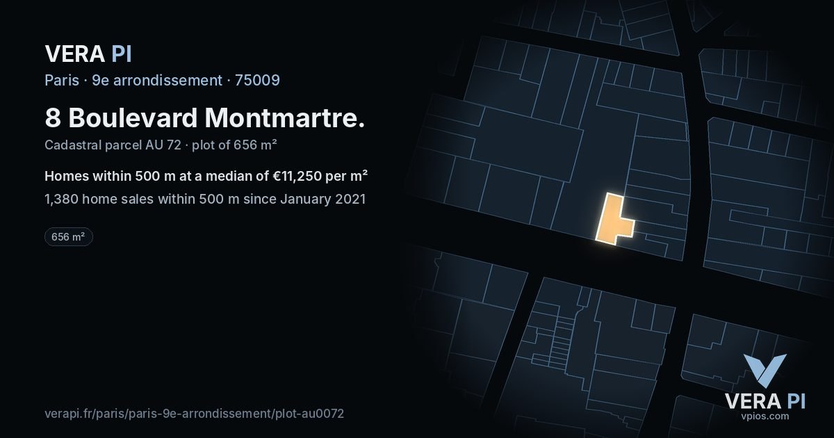 8 Boulevard Montmartre, 9e arrondissement at night – the plot lit, the parcels around coloured by the prices near them