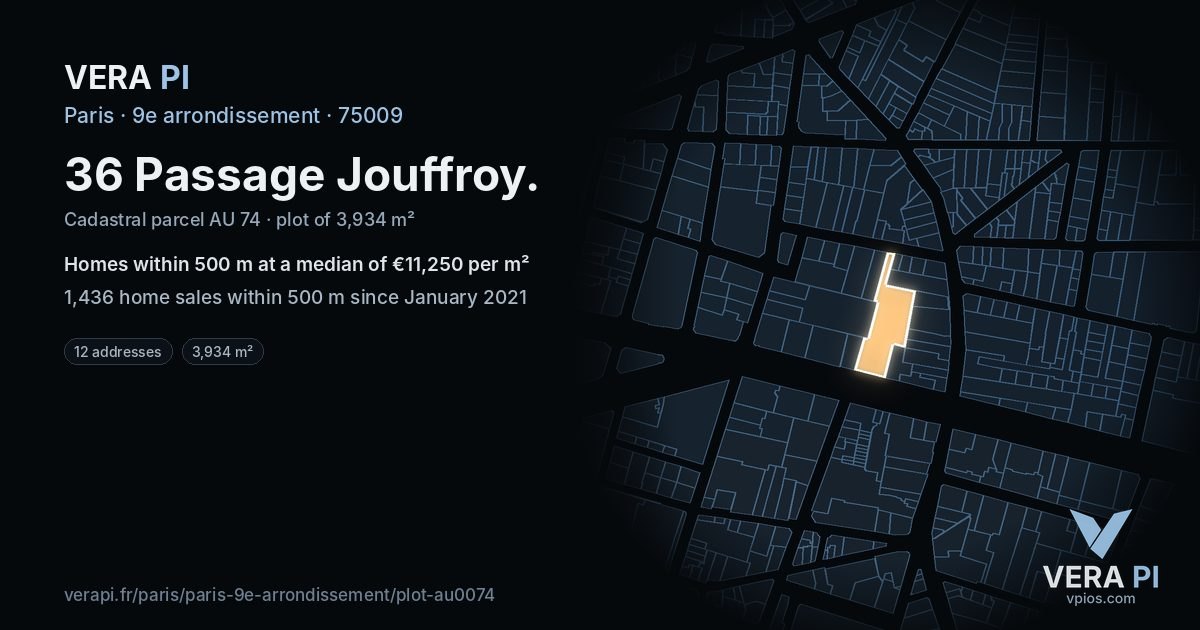36 Passage Jouffroy, 9e arrondissement at night – the plot lit, the parcels around coloured by the prices near them