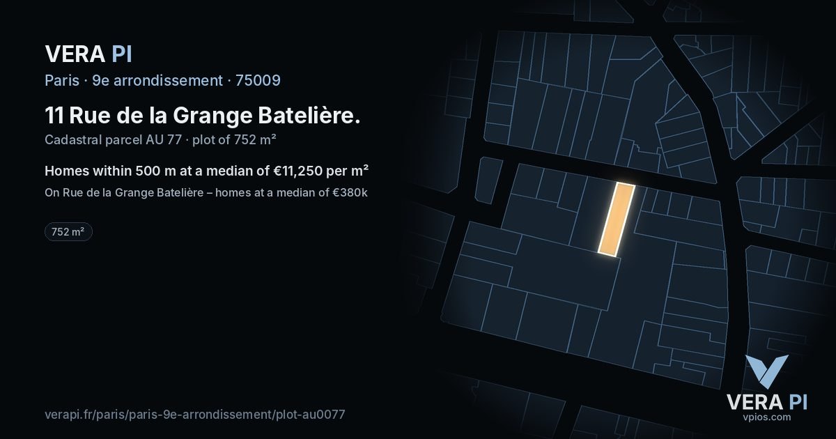 11 Rue de la Grange Batelière, 9e arrondissement at night – the plot lit, the parcels around coloured by the prices near them