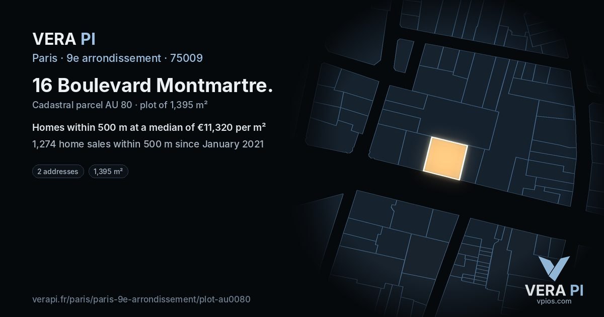 16 Boulevard Montmartre, 9e arrondissement at night – the plot lit, the parcels around coloured by the prices near them