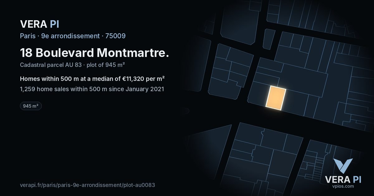 18 Boulevard Montmartre, 9e arrondissement at night – the plot lit, the parcels around coloured by the prices near them