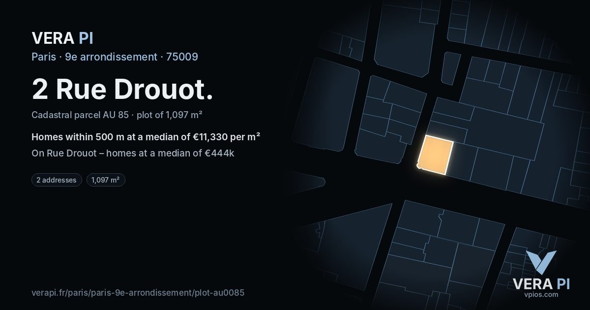 2 Rue Drouot, 9e arrondissement at night – the plot lit, the parcels around coloured by the prices near them