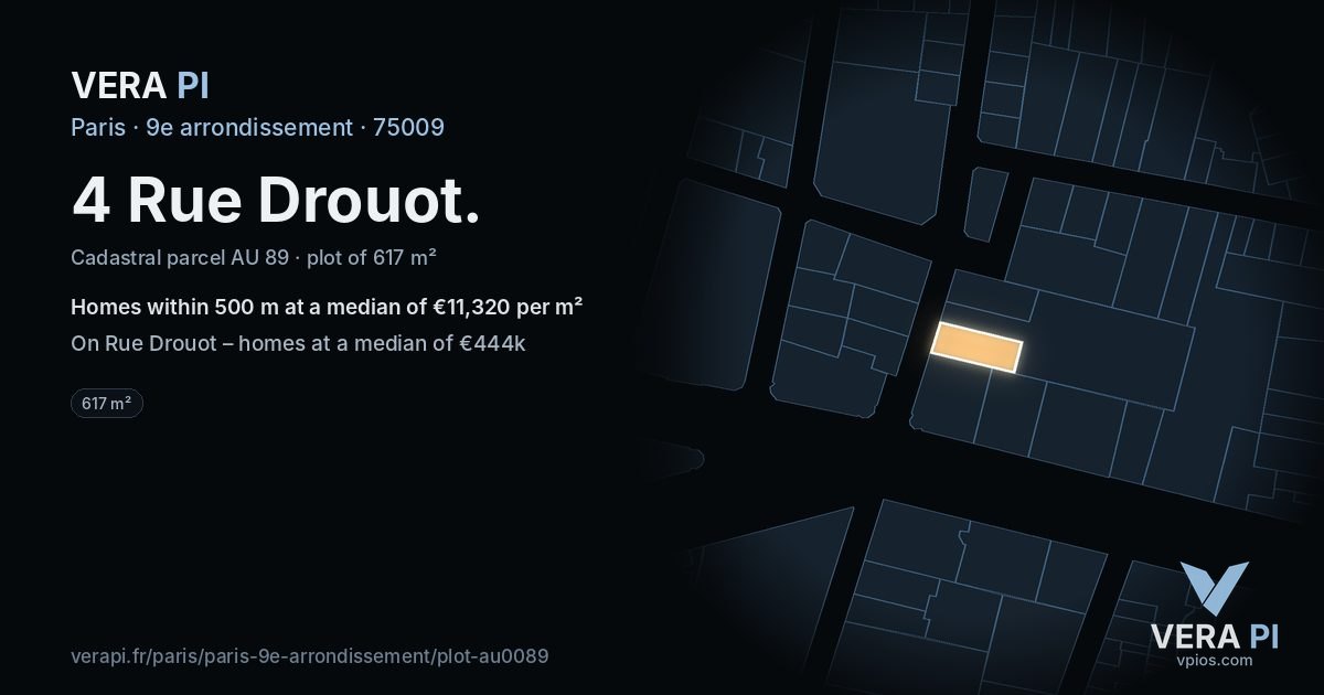 4 Rue Drouot, 9e arrondissement at night – the plot lit, the parcels around coloured by the prices near them