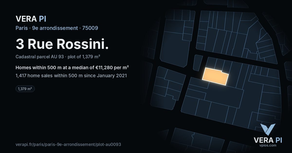 3 Rue Rossini, 9e arrondissement at night – the plot lit, the parcels around coloured by the prices near them