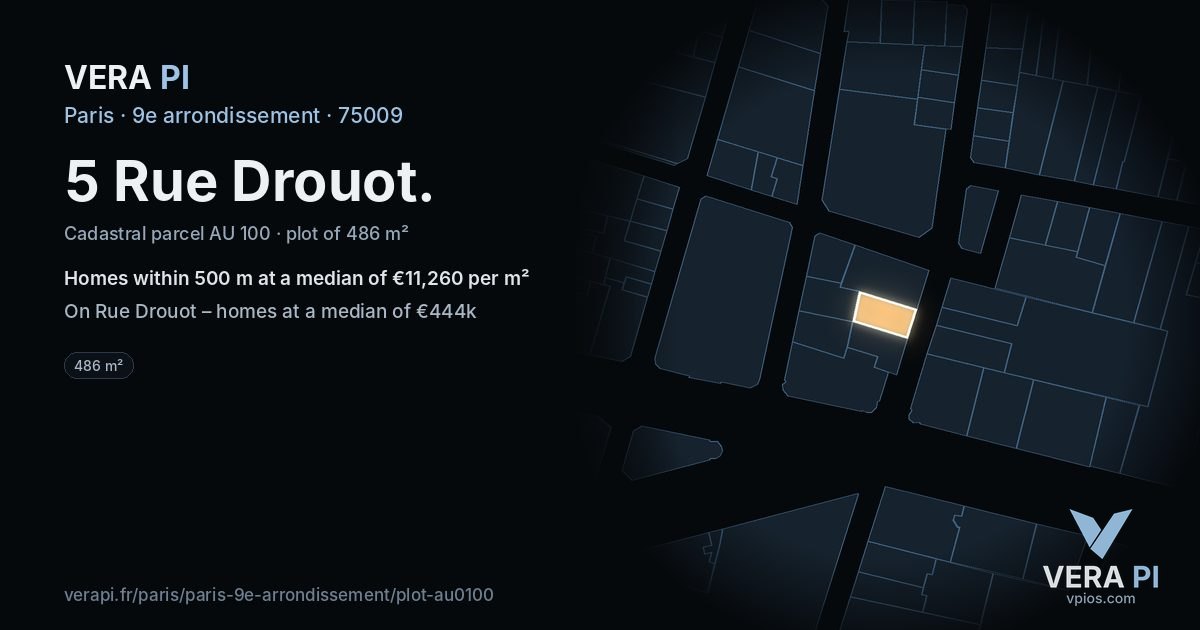 5 Rue Drouot, 9e arrondissement at night – the plot lit, the parcels around coloured by the prices near them