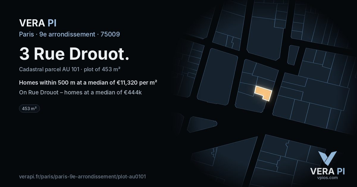 3 Rue Drouot, 9e arrondissement at night – the plot lit, the parcels around coloured by the prices near them