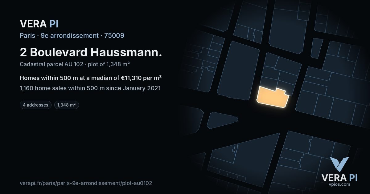 2 Boulevard Haussmann, 9e arrondissement at night – the plot lit, the parcels around coloured by the prices near them